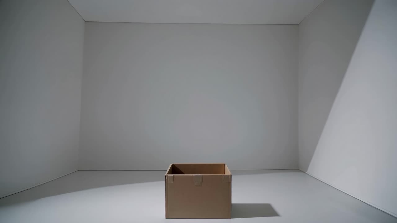 Minimalist video concept with a single cardboard box in a stark, empty room