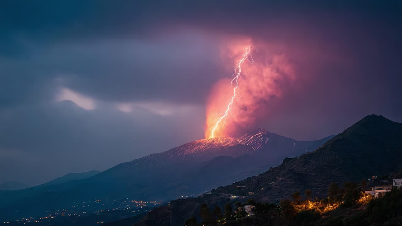 Fenomeno naturale mozzafiato: un'eruzione vulcanica illuminata da fulmini, che mostra la maestosa potenza della natura contro un drammatico cielo notturno