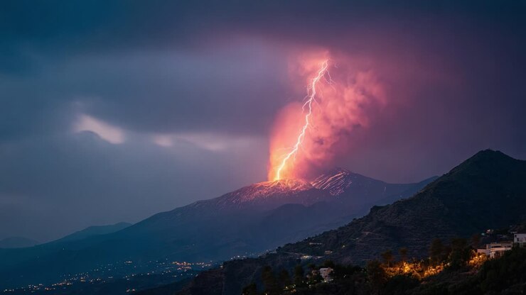 Fenomeno naturale mozzafiato: un'eruzione vulcanica illuminata da fulmini, che mostra la maestosa potenza della natura contro un drammatico cielo notturno