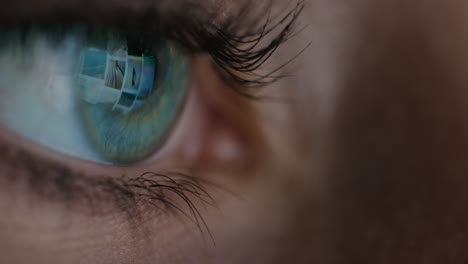 pantalla de ojo macro de cerca que se refleja en el iris mujer navegando en línea por la noche