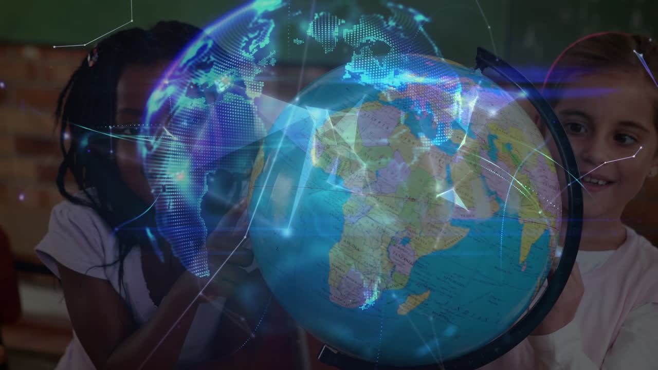 Animación de redes de conexiones y un globo digital sobre escolares diversos leyendo un globo terráqueo