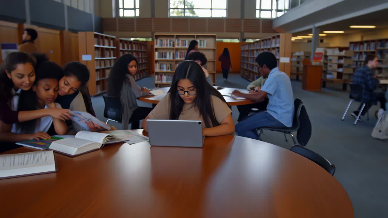 Students studying and collaborating in a library