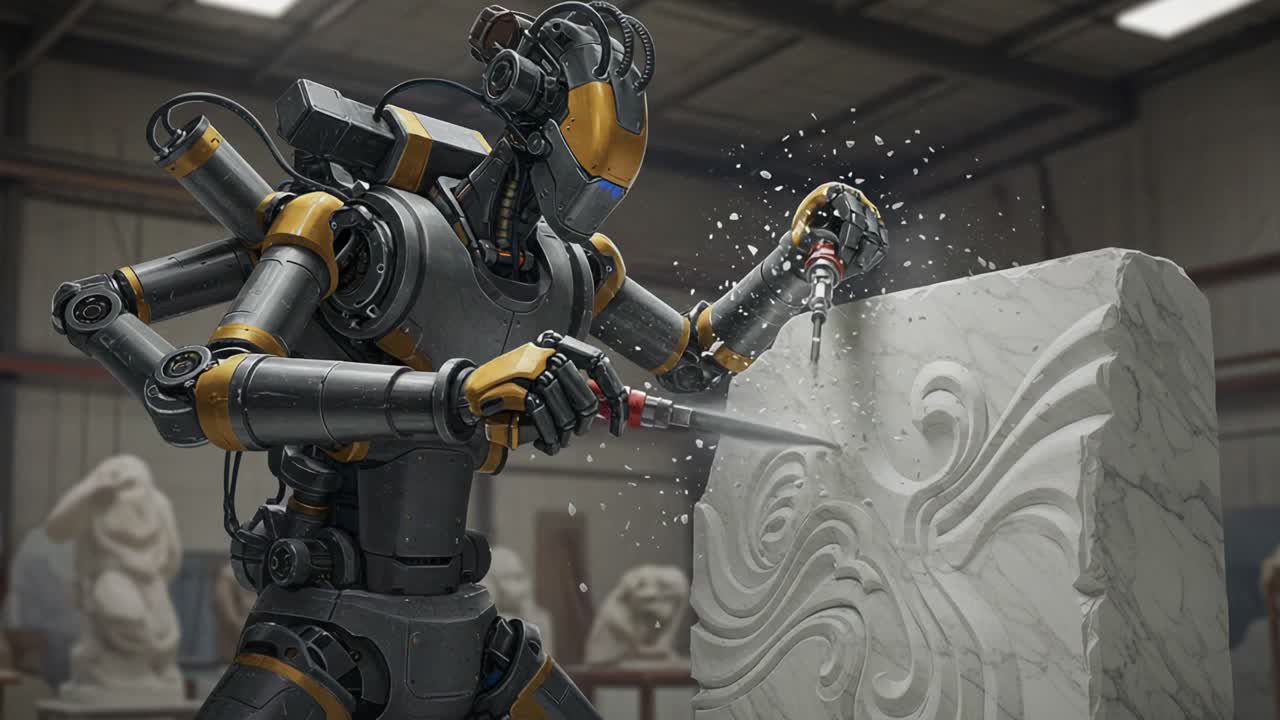 A highly advanced robot artist skillfully chiseling intricate designs into a large block of marble, demonstrating precision and creativity in a sculpting workshop environment