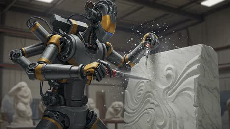 a highly advanced robot artist skillfully chiseling intricate designs into a large block of marble, demonstrating precision and creativity in a sculpting workshop environment