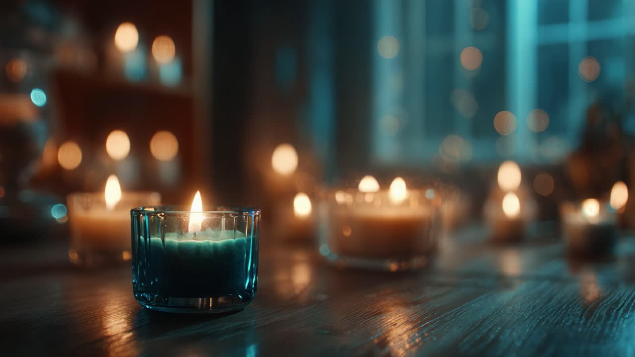 A Serene Evening with Flickering Candles: A Tranquil Atmosphere Created by Soft Lighting and Gentle Flames in a Cozy Setting