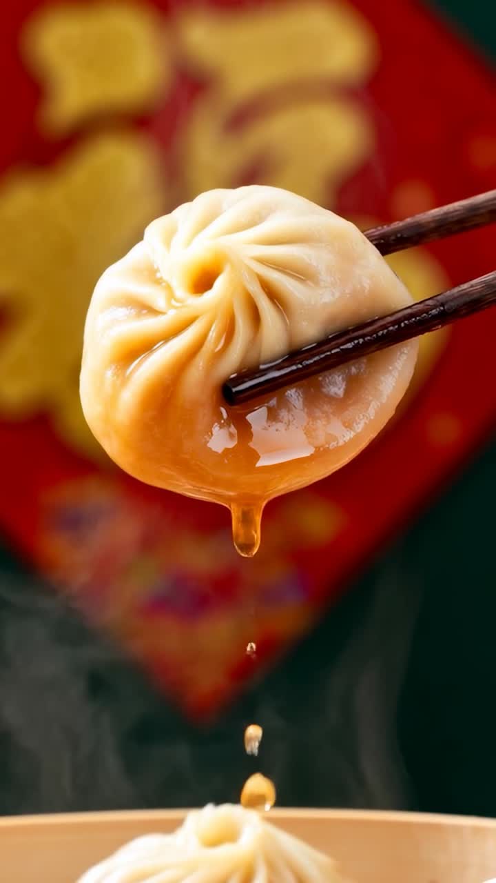 Vertical video: Lifting soup dumpling chopsticks creating broth droplet above steamer for tasting