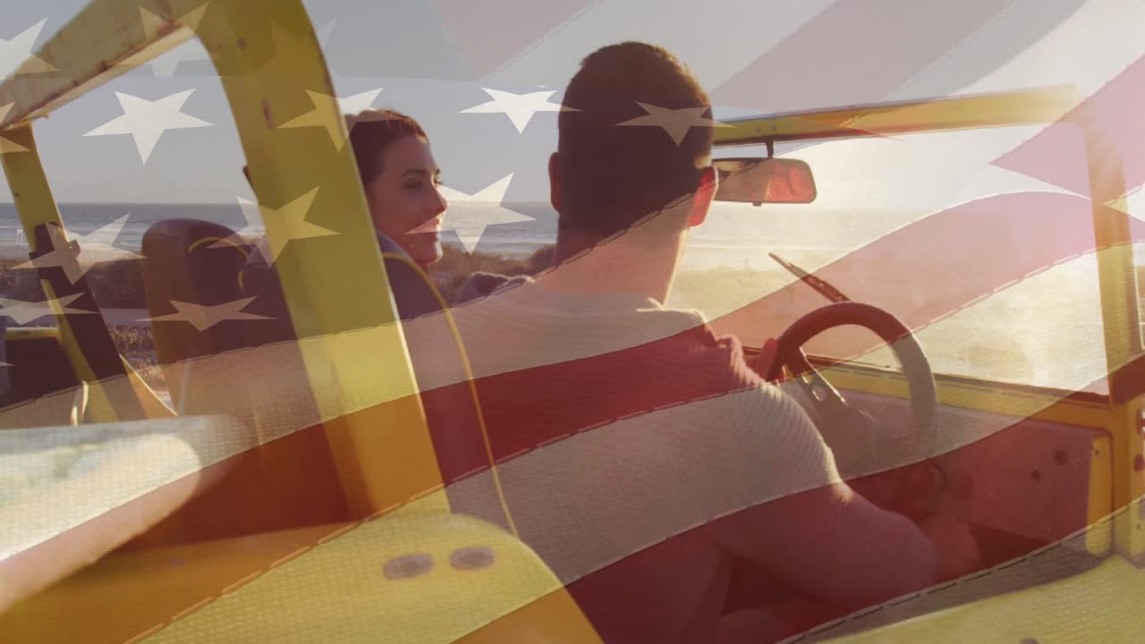animación de la bandera estadounidense sobre una pareja caucásica sonriendo en el coche