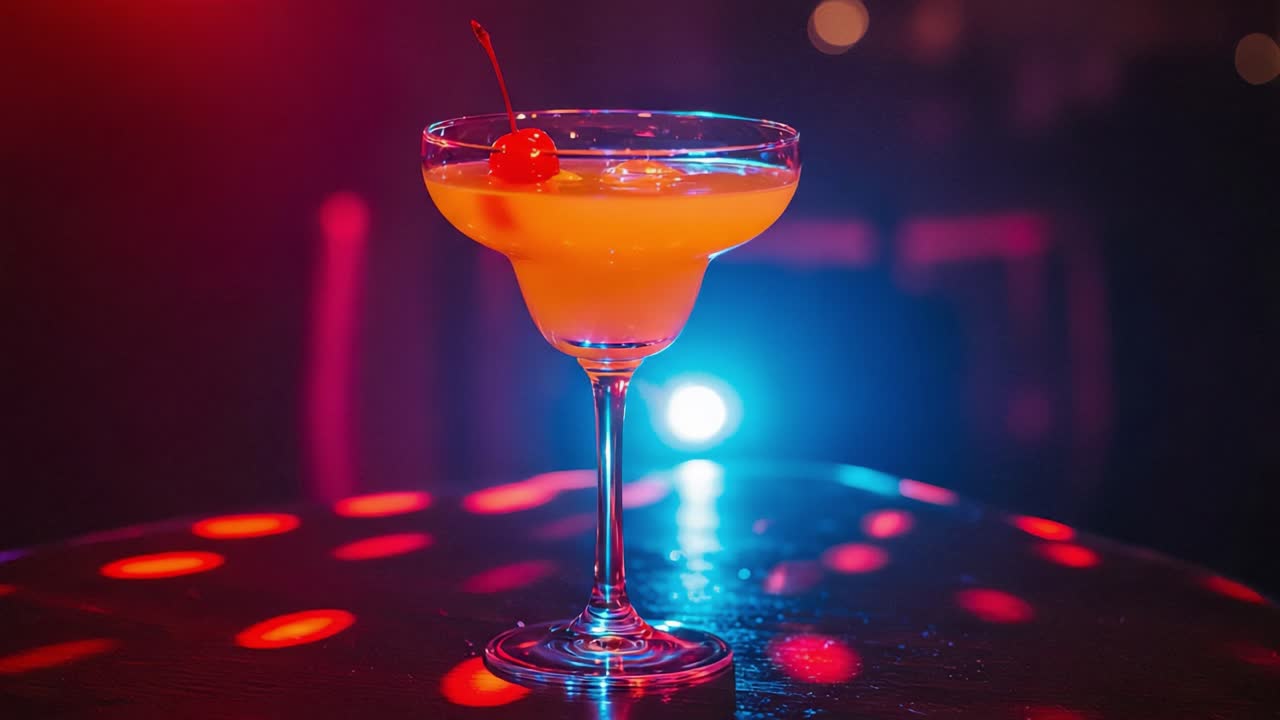 A Vibrant Cocktail with a Cherry Garnish, Captured in an Atmospheric Nightclub Setting with Colorful Lights and Dancing Shadows in the Background
