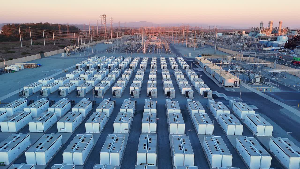 Battery Storage Rows at Grid Facility in Moss Landing During Dusk Light, one of the largest in the world, 2,500 MWh, California, USA