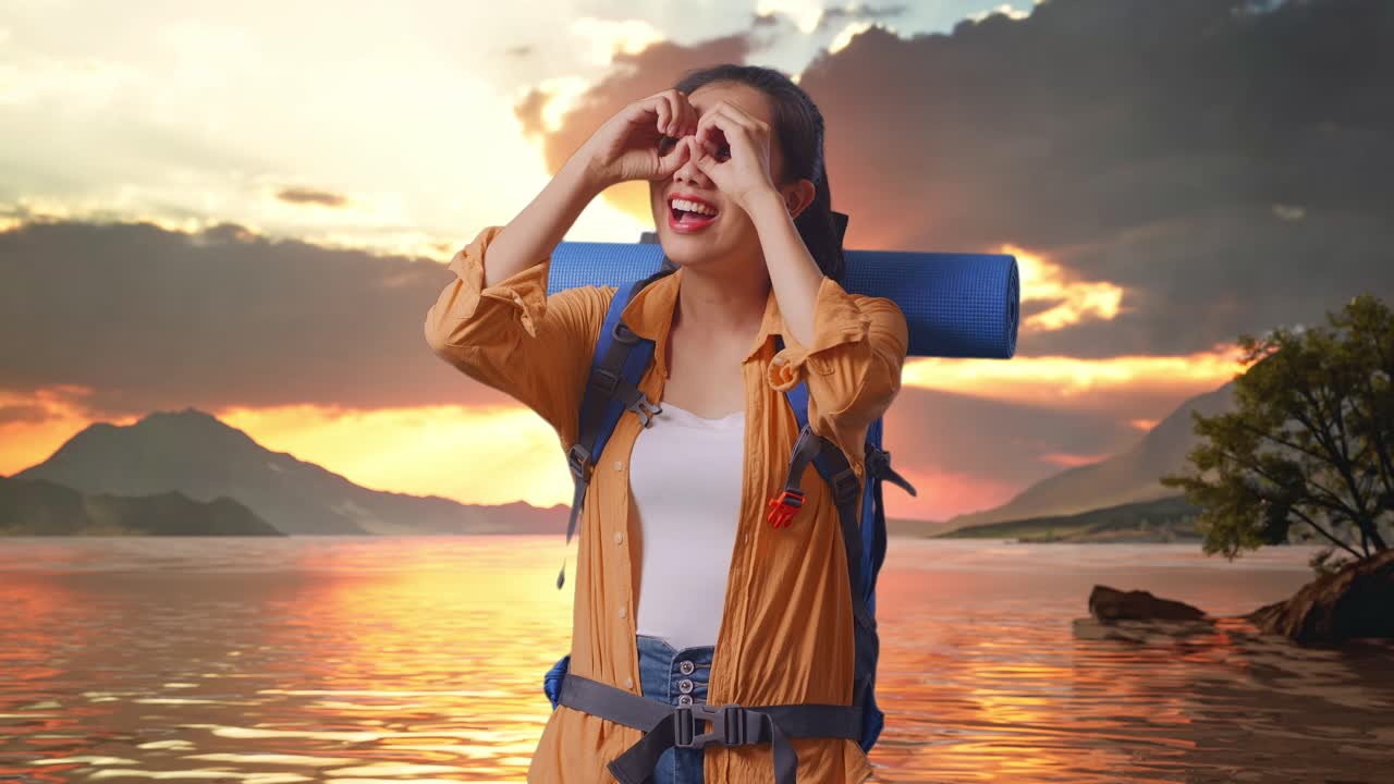 mujer feliz viajera al atardecer