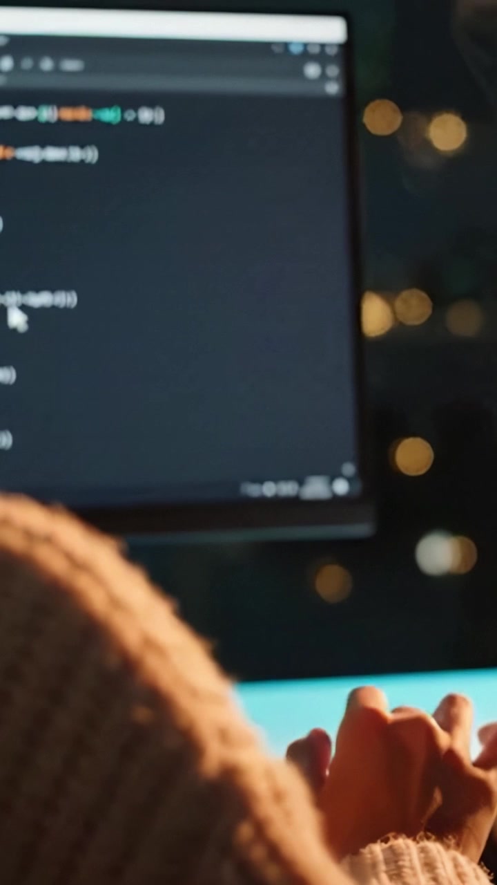 Programador focado trabalhando em tarefas de programação à noite, com tela vibrante exibindo código e detalhes desfocados de um ambiente aconchegante realçando a atmosfera tecnológica