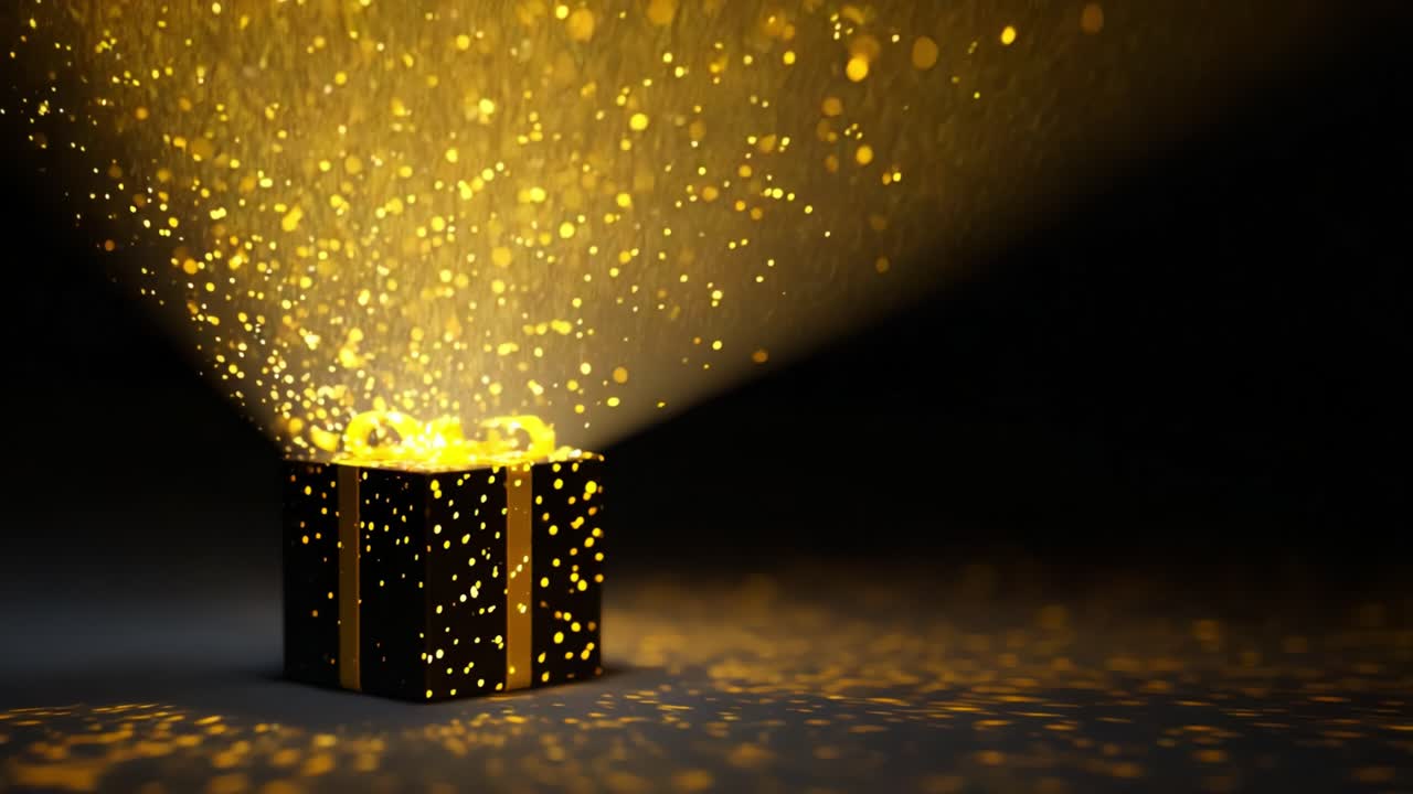 A captivating moment featuring a mysterious gift box that emits a dazzling shower of golden particles, creating a magical atmosphere filled with wonder and anticipation for the viewer