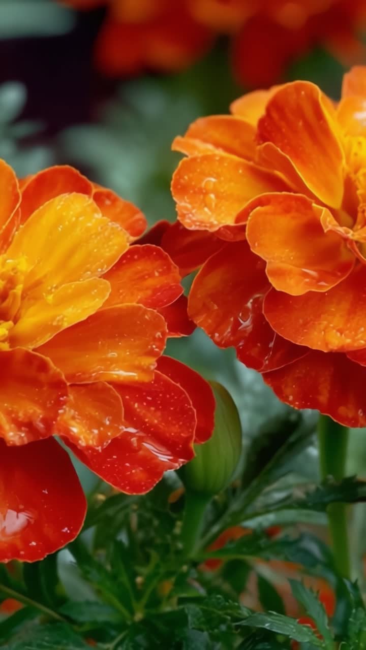 Fiori di calendula vivaci che luccicano di gocce di pioggia, mostrando i loro petali rigogliosi e le ricche tonalità arancioni su uno sfondo verde lussureggiante in una radiosa scena naturale