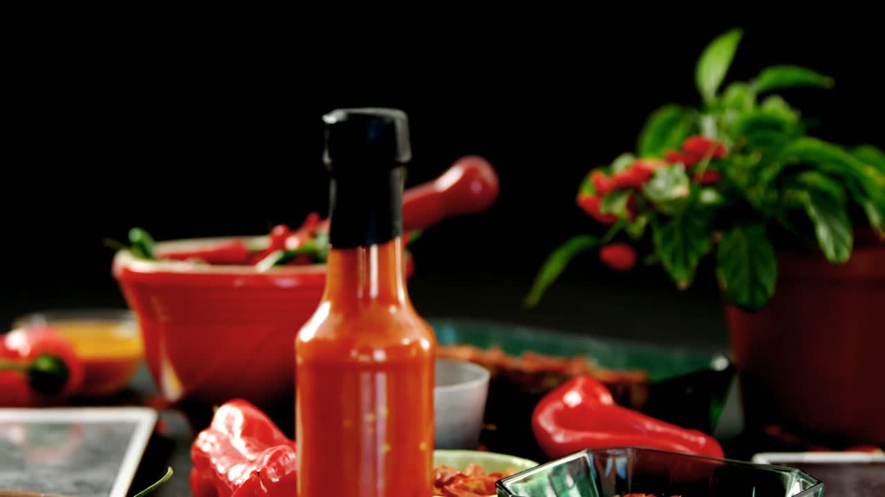 Various spices with digital tablet on black background 4k