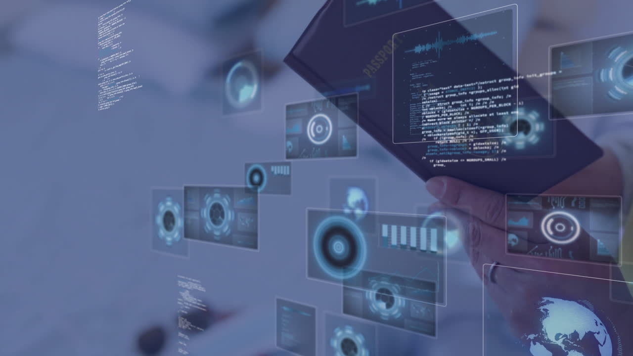 Digital data and biometric analysis animation over person holding passport