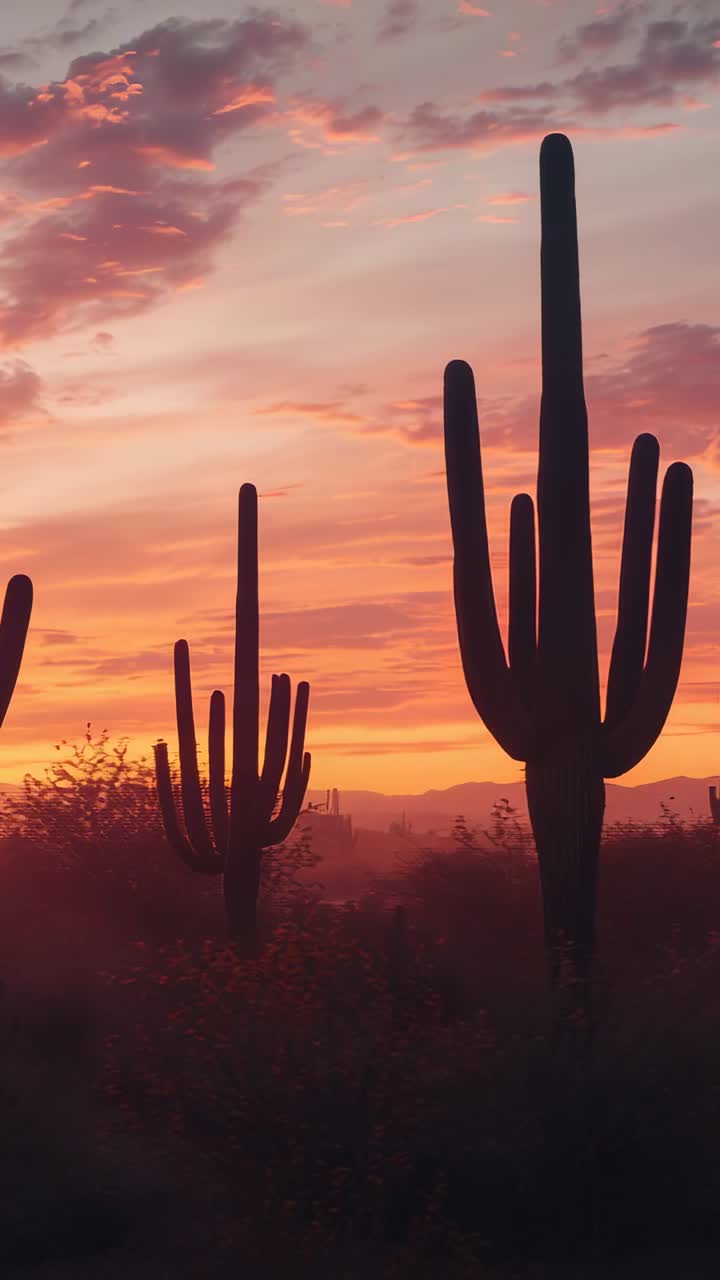 Vertical video: Panning camera capturing desert dusk, with saguaro cacti, shrubs, mountains, clouds