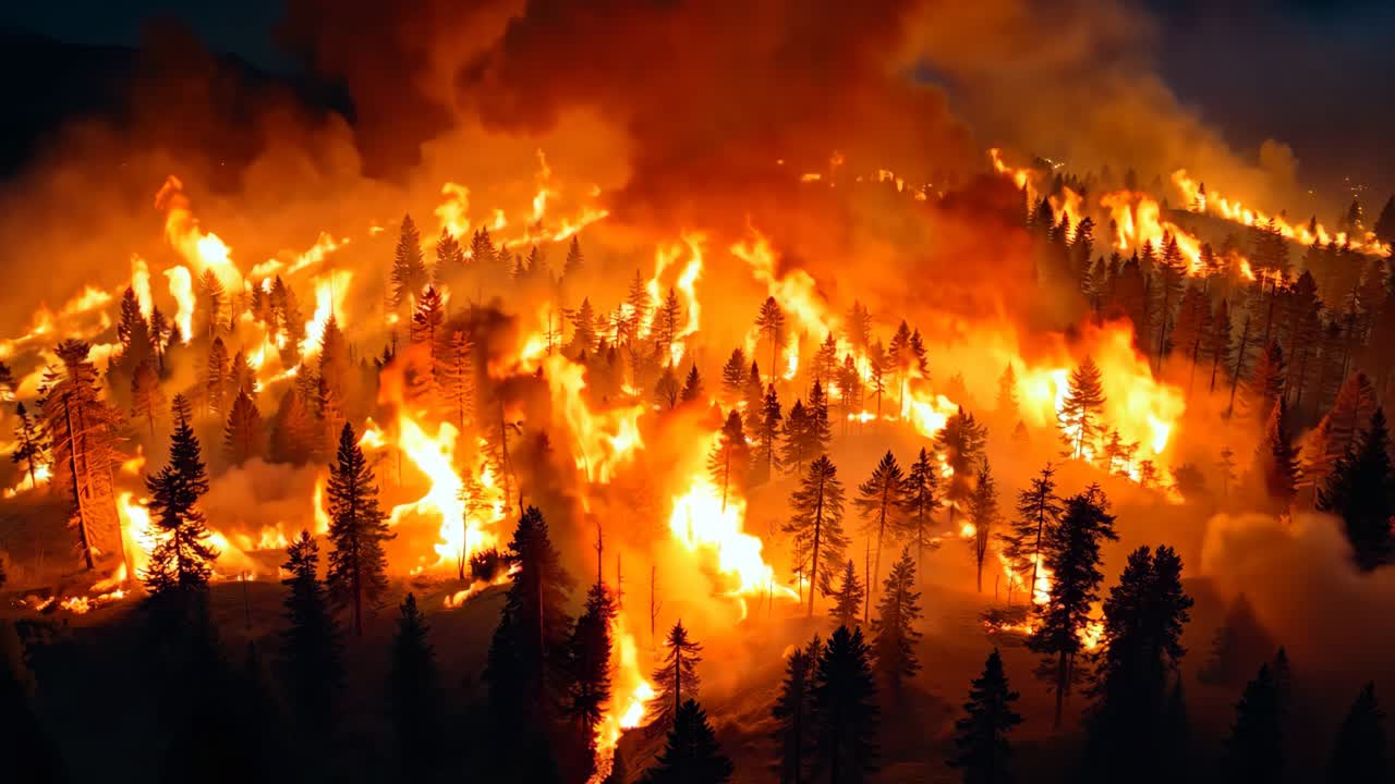 A large fire burns through a forest at night