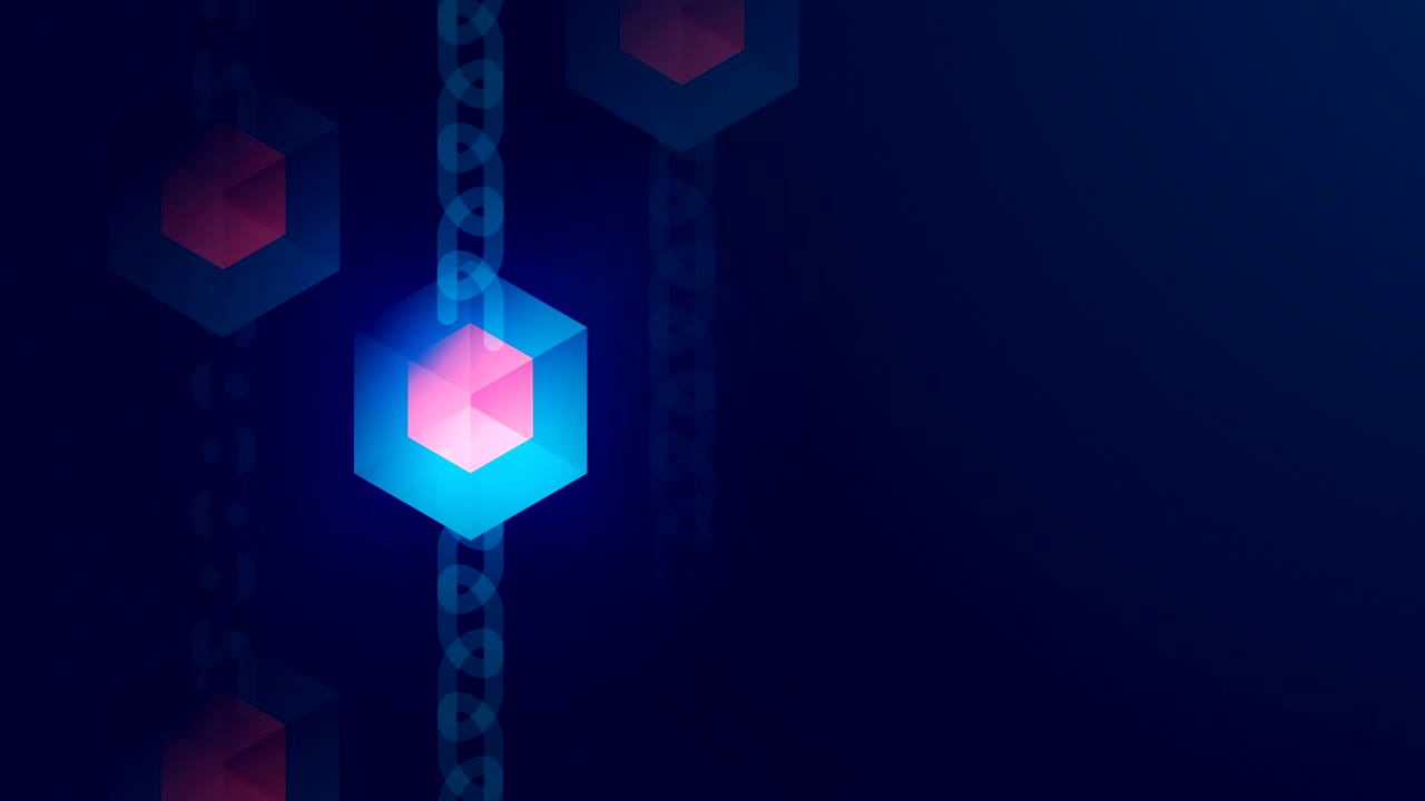 Abstract 3D isometric virtual cube box with chain illustration, Blockchain technology system concept design on black background, seamless looping animation 4K with copy space