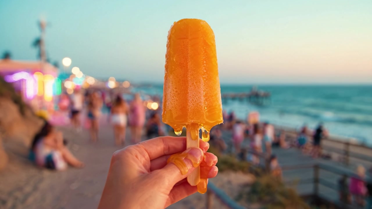A vibrant scene depicting a person's hand holding a refreshing orange popsicle against a lively beach backdrop during a picturesque sunset at the shoreline.