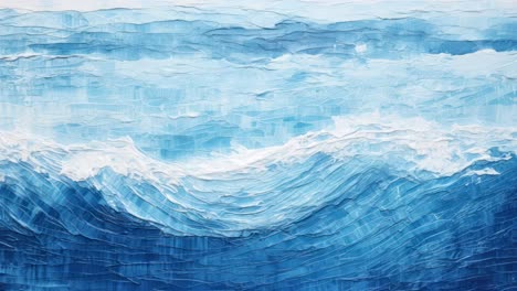 a textured, abstract painting of ocean waves in shades of blue, viewed from a high angle