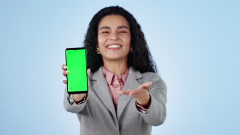 businesswoman, phone and pointing at you