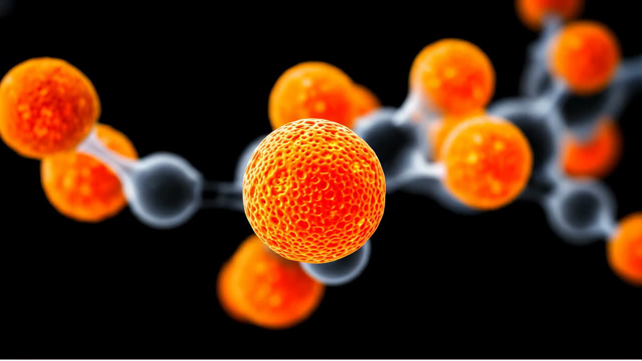 Abstract molecular structure with orange spheres on black background. 3D rendering of complex chemical molecules with glowing orange textured spheres connected by dark gray bonds in dark space
