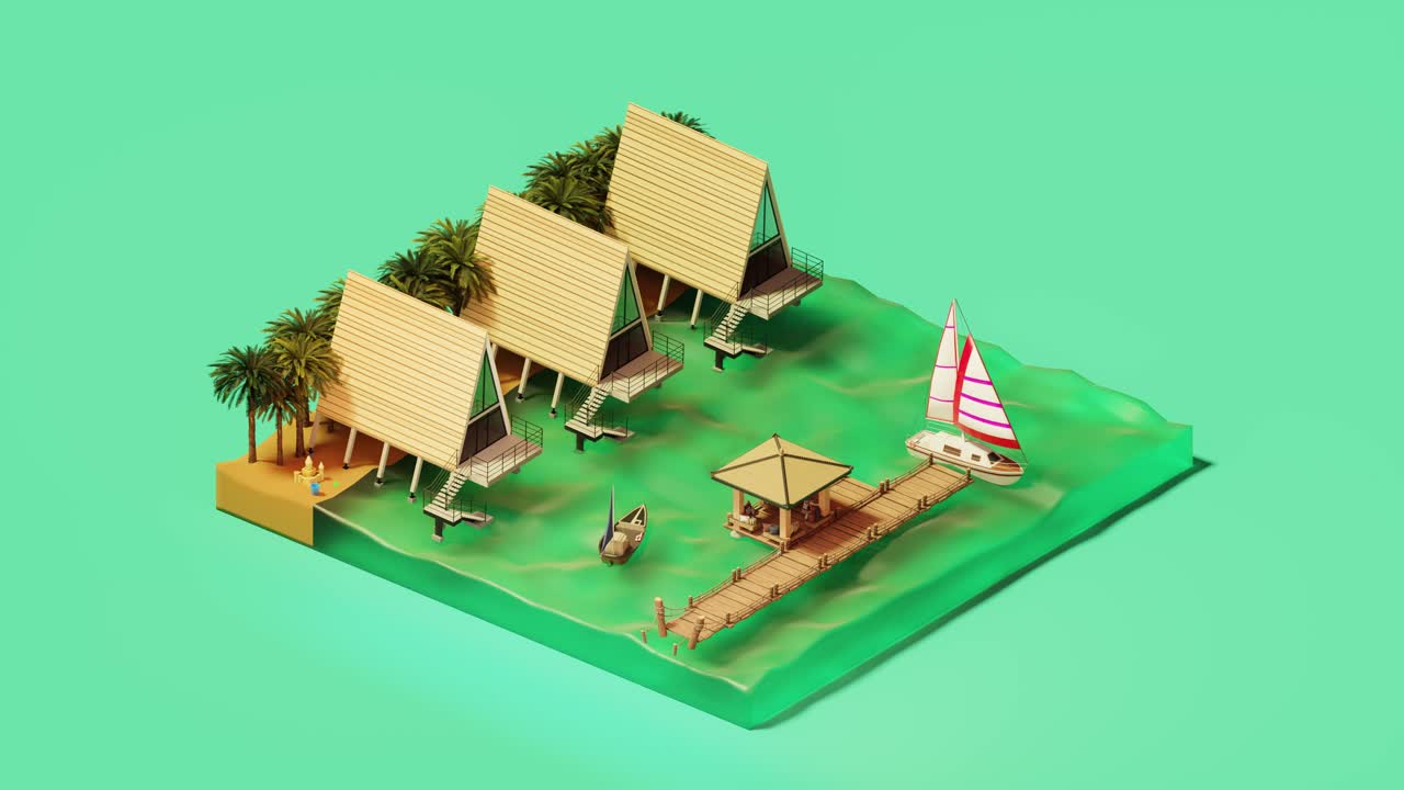 Illustration of houses near sailboat and pier on tropical resort. 3d isometric animation loop