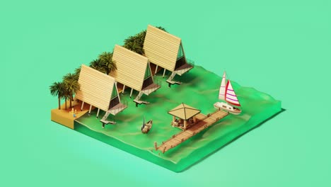 illustration of houses near sailboat and pier on tropical resort. 3d isometric animation loop