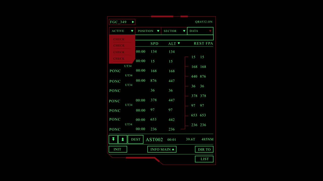 Green and red monitor or computer screen showing data with numbers and text