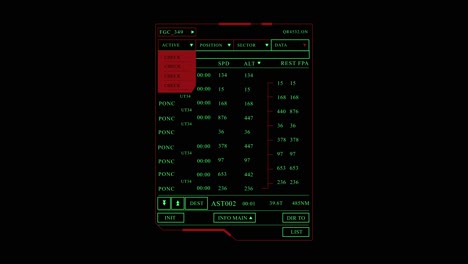 Green-and-red-monitor-or-computer-screen-showing-data-with-numbers-and-text