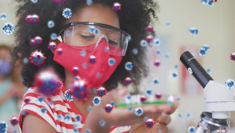 animación de células de cornoavirus y escolar en clase de ciencias con máscara facial