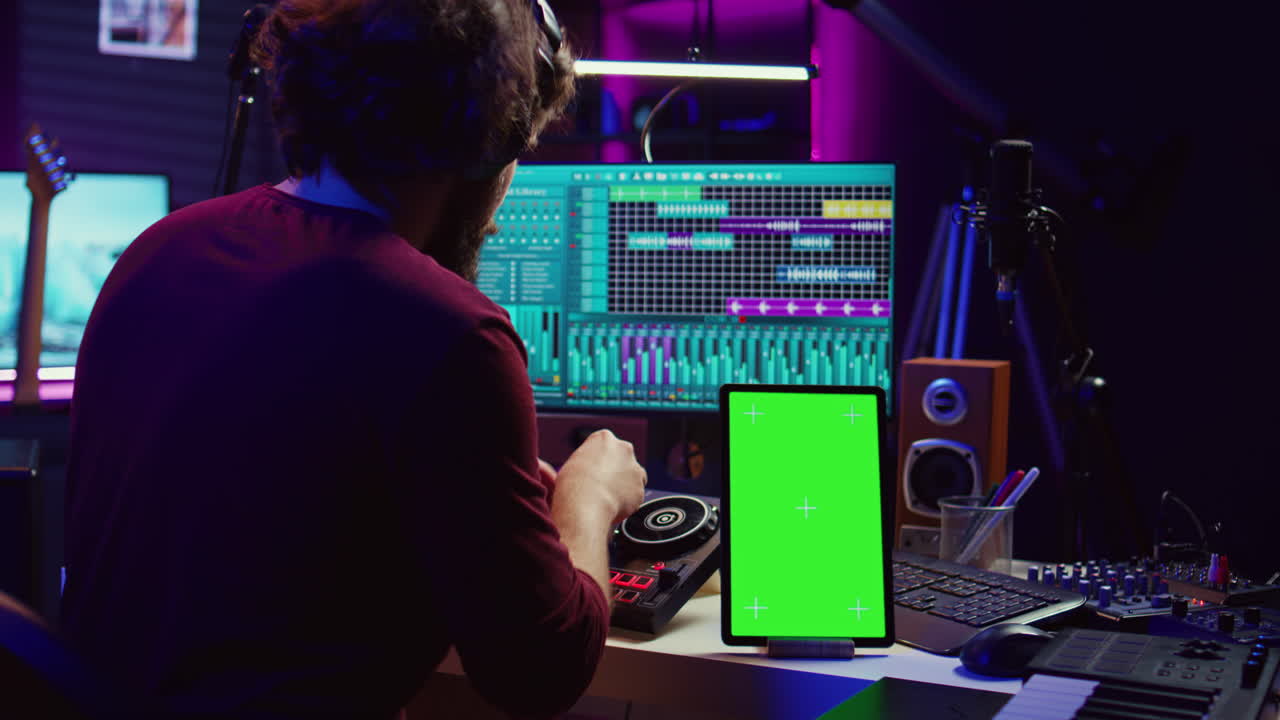 productor de música compositor mezclando melodías en la consola estéreo