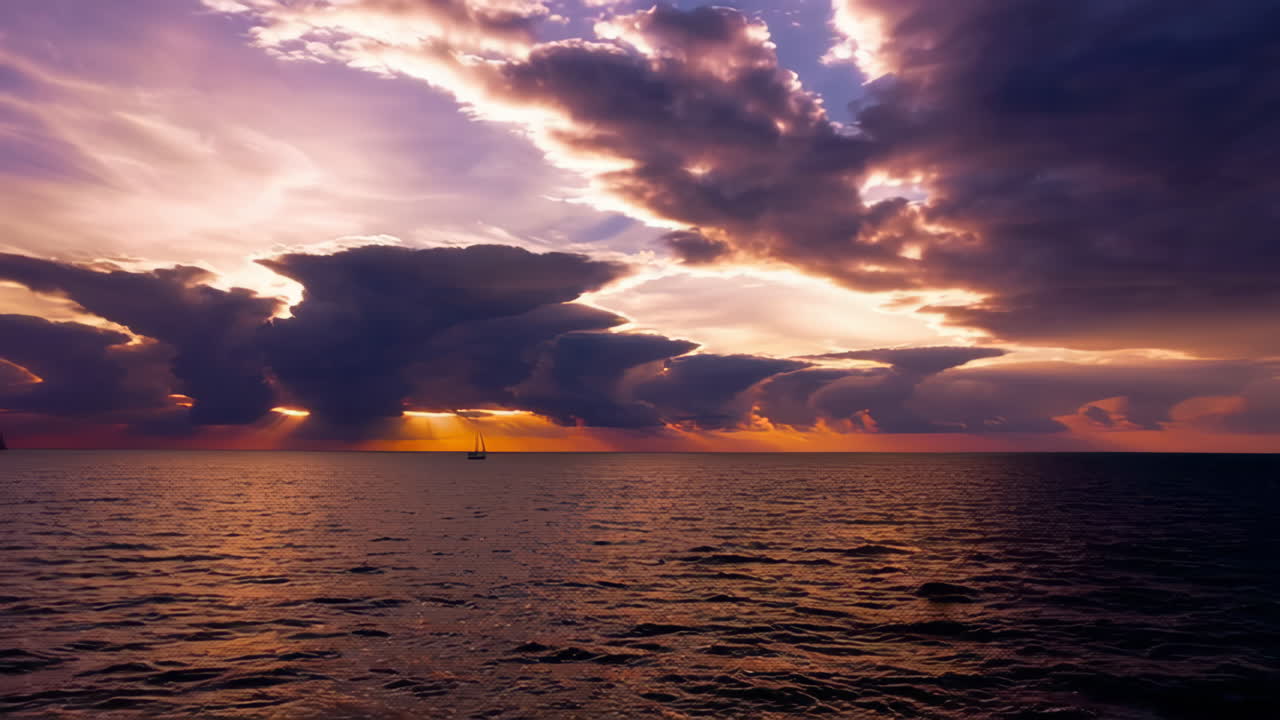 Dramatic Sunset over the Ocean with Clouds and Sailing Boats