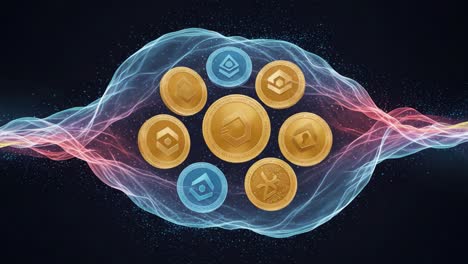 a dynamic representation of various cryptocurrency coins surrounded by colorful waves, illustrating the innovation and modernity of digital finance in today’s economy