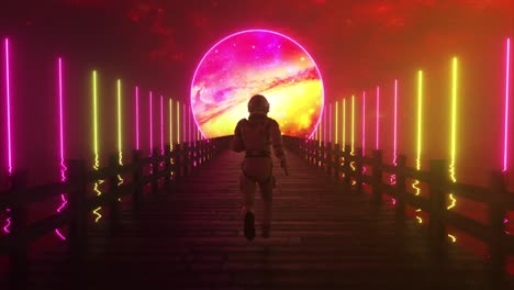 astronaut running through a neon space portal
