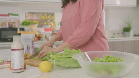 mid shot of woman chopping lettuce for the salad