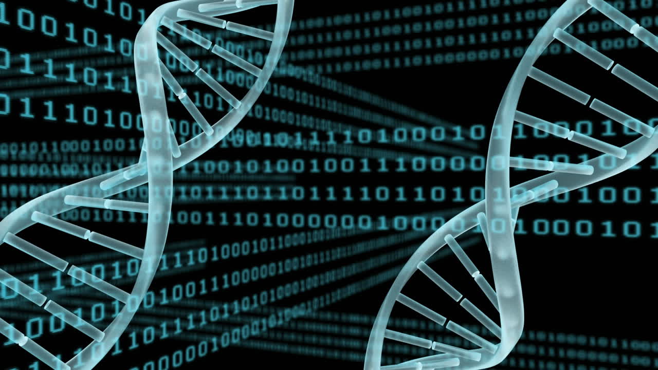 Spinning DNA against binary codes and black background
