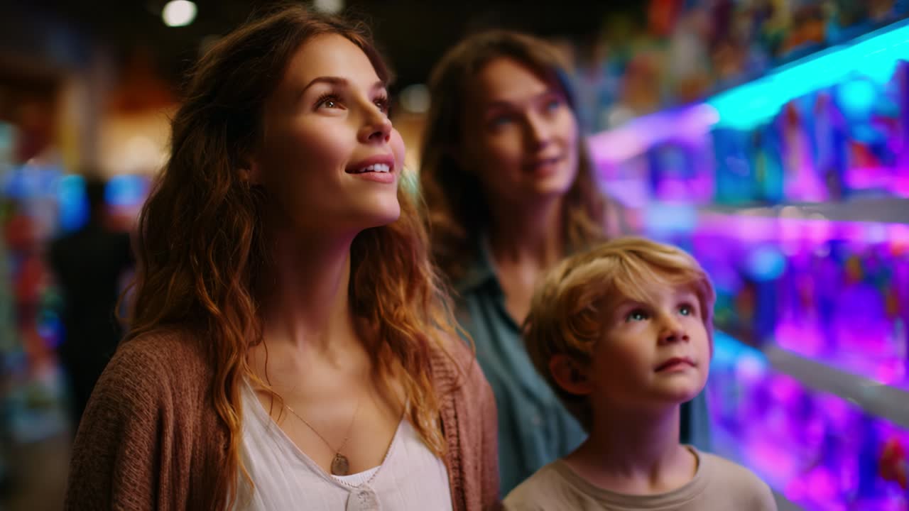 A Captivating Moment of Wonder: A Young Boy and Two Women Are Enchanted by a Display of Colorful Toys, Capturing the Joy and Excitement of a Visit to a Toy Store, Perfectly Highlighting Their Expressions of Delight