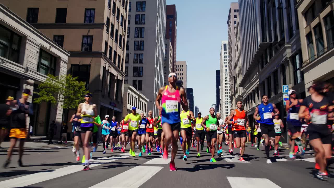 Dynamic low-angle video shot of marathon runners in a cityscape, capturing energy and motion