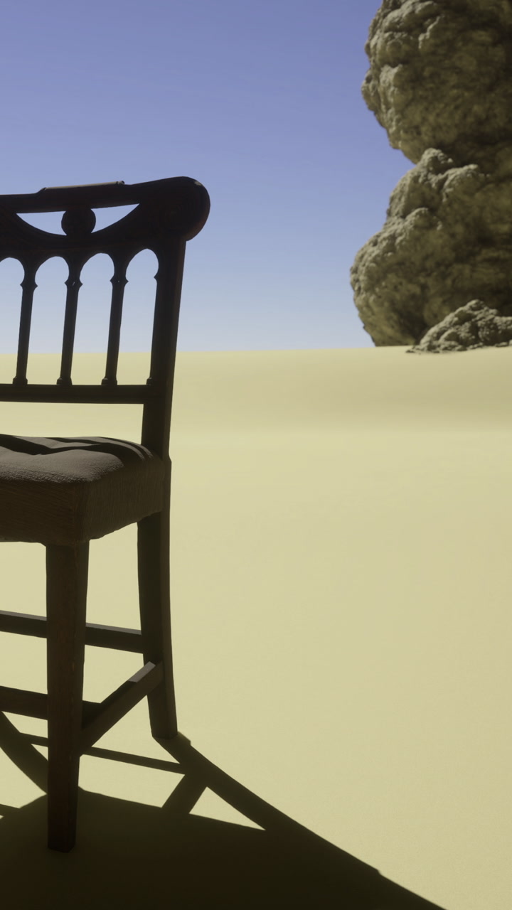 Lonely chair in a surreal desert landscape under a bright blue sky