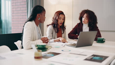 three businesswomen are having a meeting in an office, discussing charts and data