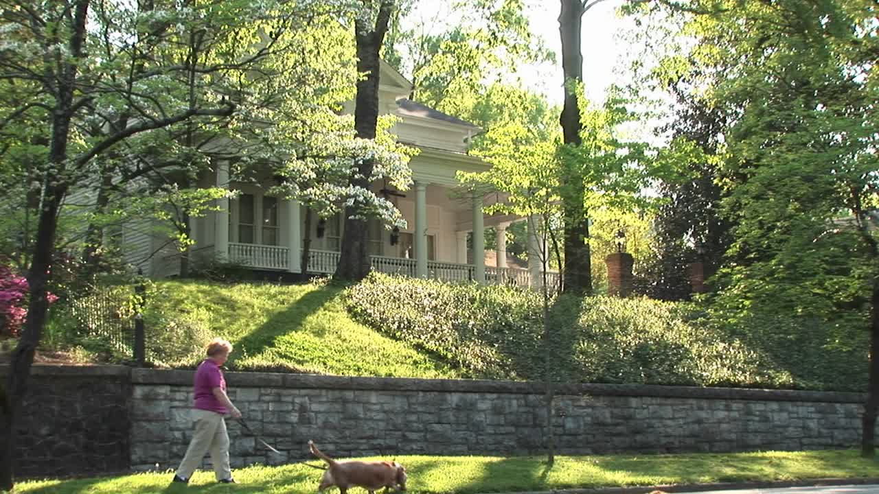 una casa de color pastel en una pequeña colina se asoma a través de los árboles proporcionando un hermoso telón de fondo para una mujer que pasea a su perro