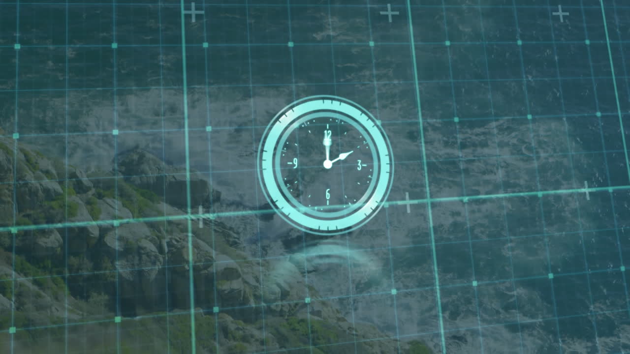 Animazione di orologio in movimento e rete di connessioni su paesaggio