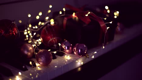 piano keys with christmas decorations, closeup