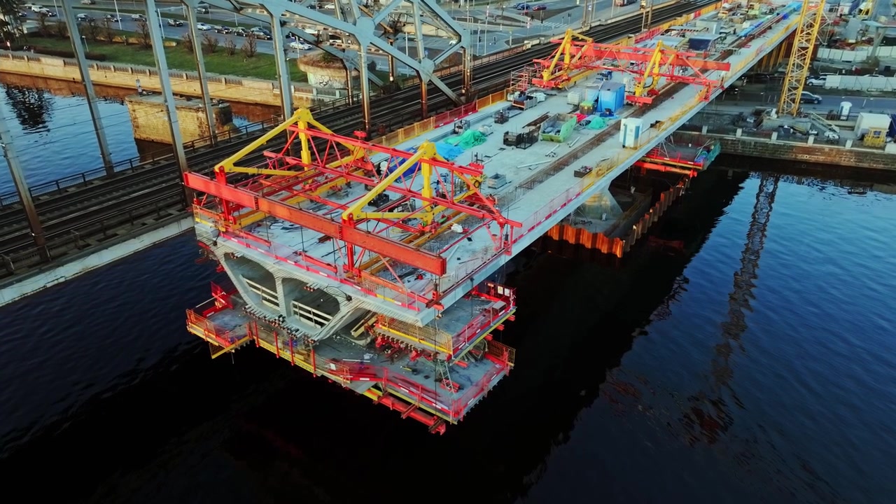 New Rail Baltica Railway Bridge Structure Rising Above Riga Waterfront