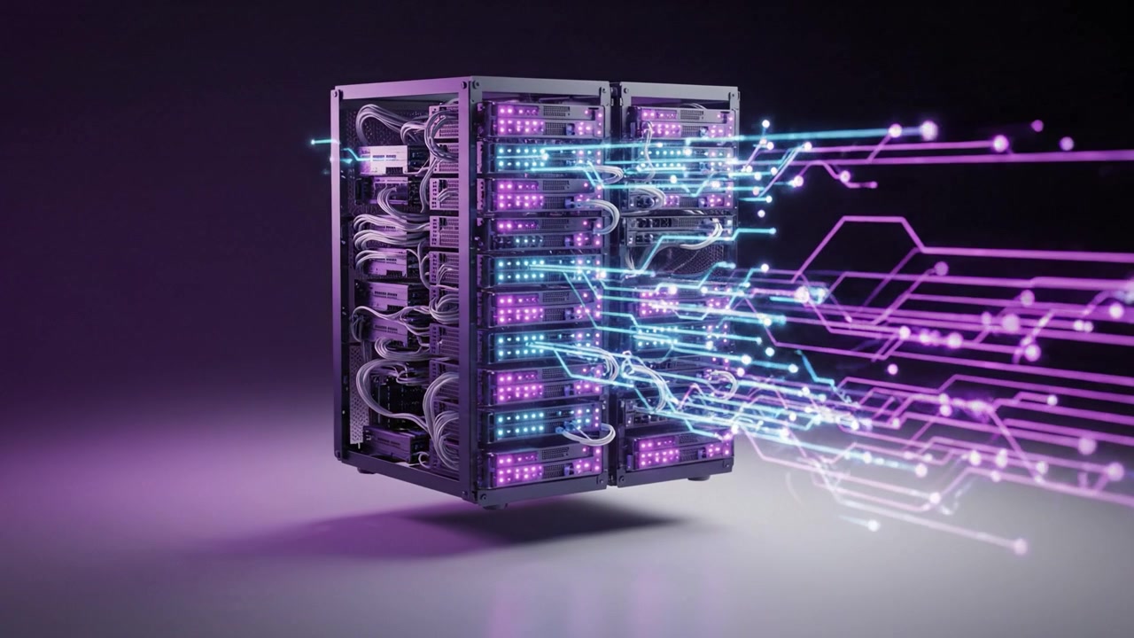 Dynamisk teknologifremvisning: En dobbeltrammevisning af avancerede computerservere med levende belysning og fremvoksende tilslutningskabler.