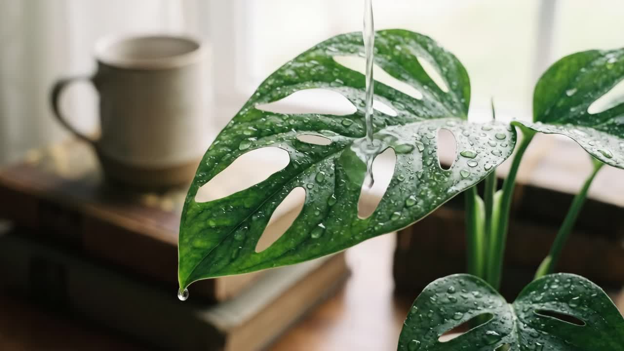 Annacquare una pianta d'appartamento Monstera Adansonii con goccioline d'acqua fresca