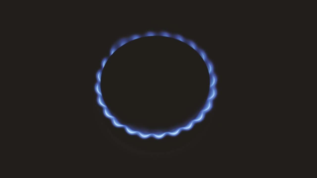 Burning gas stove hob, blue flames macro close-up in the dark on a black background. Gas burner with slowly fading flame. 4k raw video with smooth camera movement.