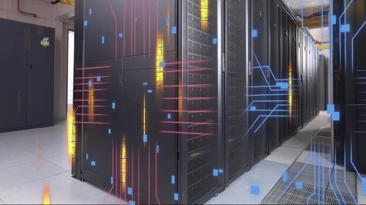 Animation of digital data processing and circuit board over computer servers
