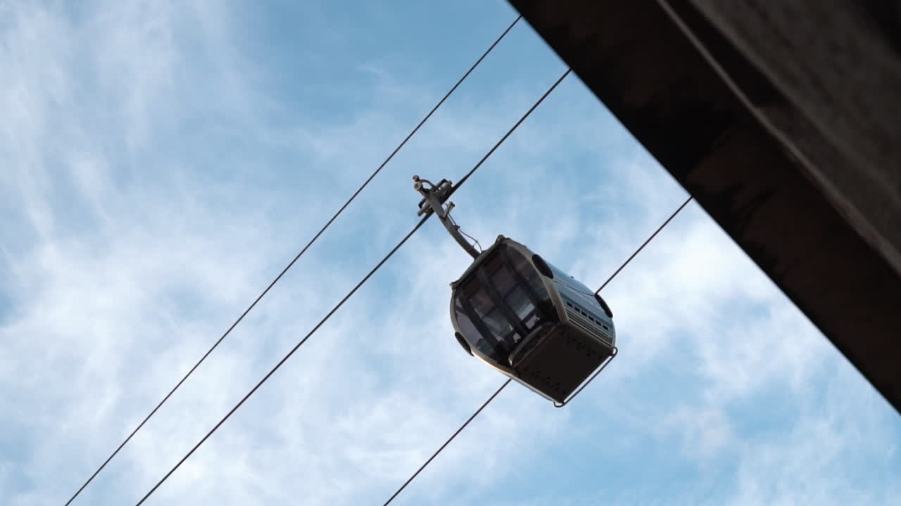 A still shot of a slow moving cable car from below.